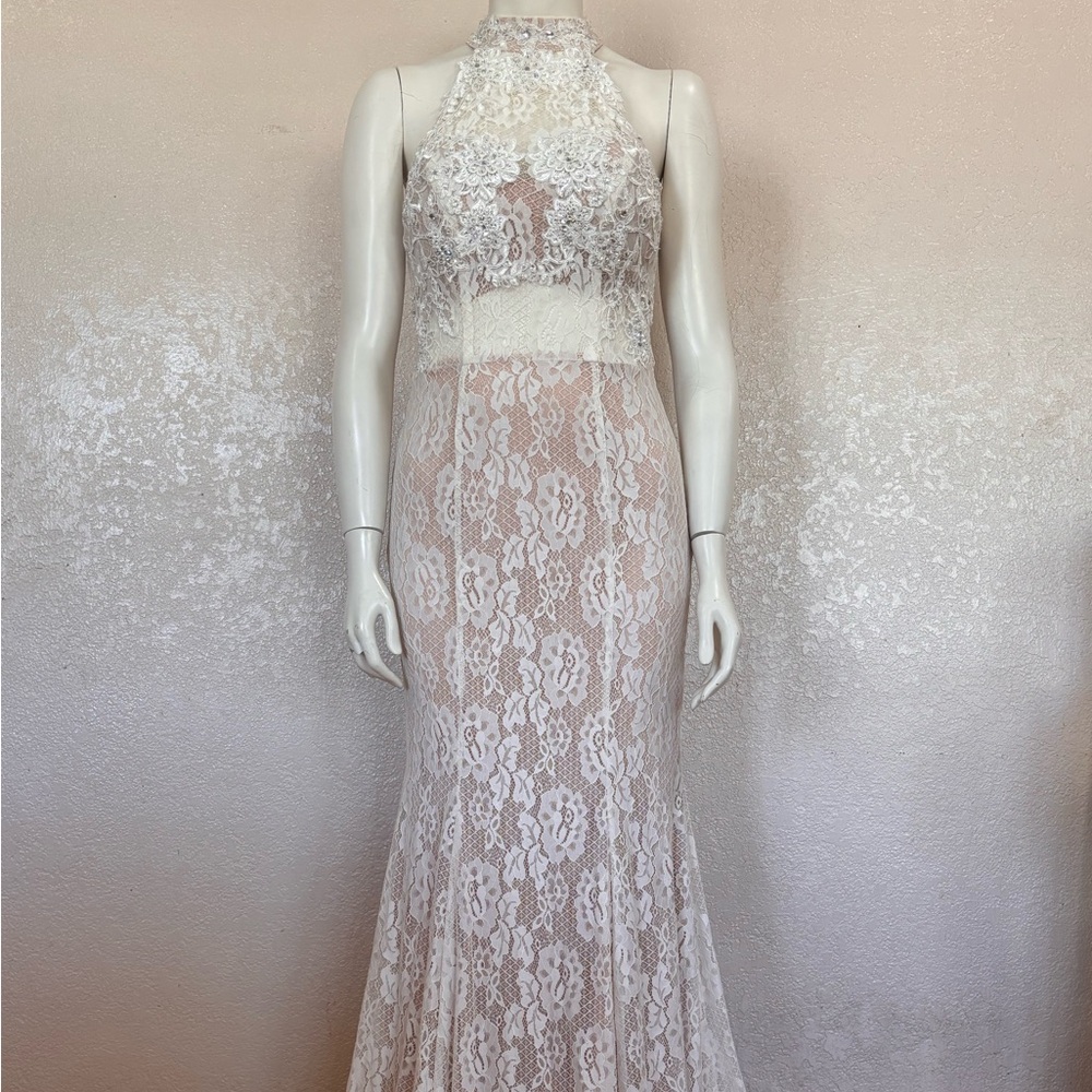 Jodi Kristopher Ivory Lace Halter Sheath Prom Dress with Beaded Appliqué